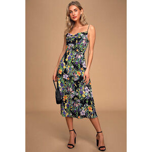 NWT Lulus Blooming Beauty Black Floral Print Cowl Neck Midi Dress - Size Large